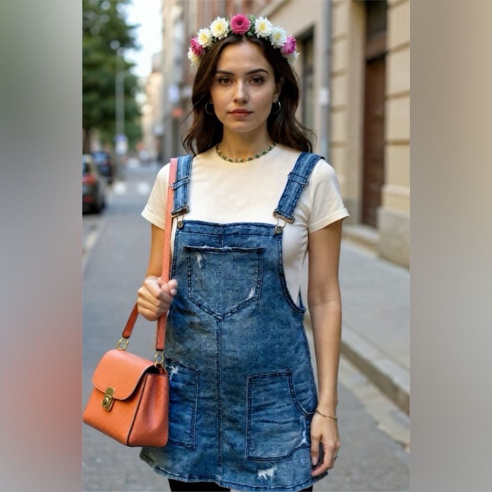 ❤️HP❤️SO Denim Overall Midi Dress with Distressed Details